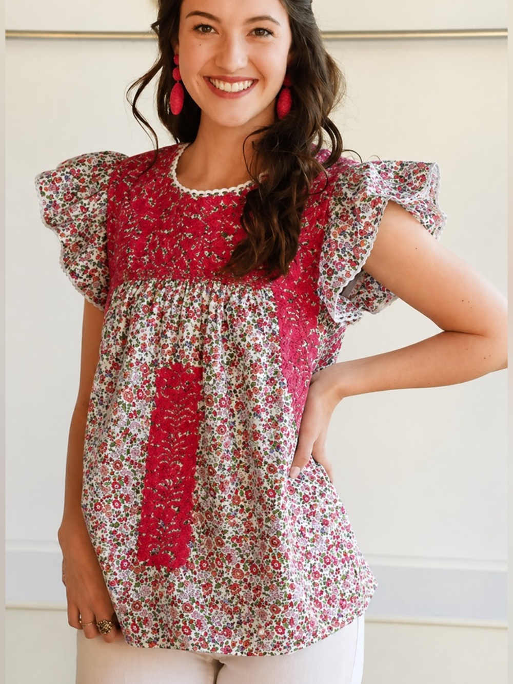 J. MARIE ROSALEE PINK EMBROIDERED FLORAL RUFFLE FLUTTER SLEEVE FEMININE TOP